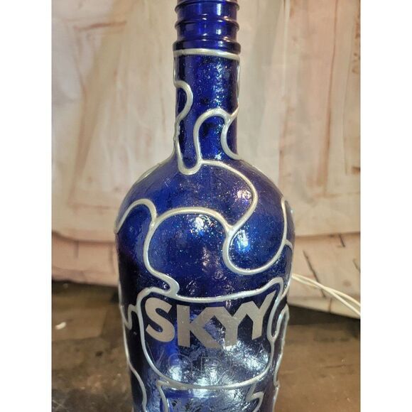 Large Blue Glass glitter handmade lighted bottle home decor - Picture 2 of 8